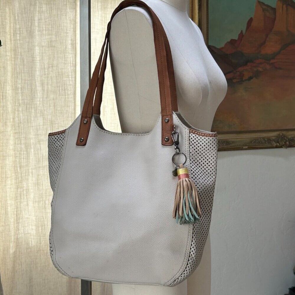 Boho Resort Genuine Leather Slouchy Tote Hobo Bag Tassle White - Picture 5 of 16